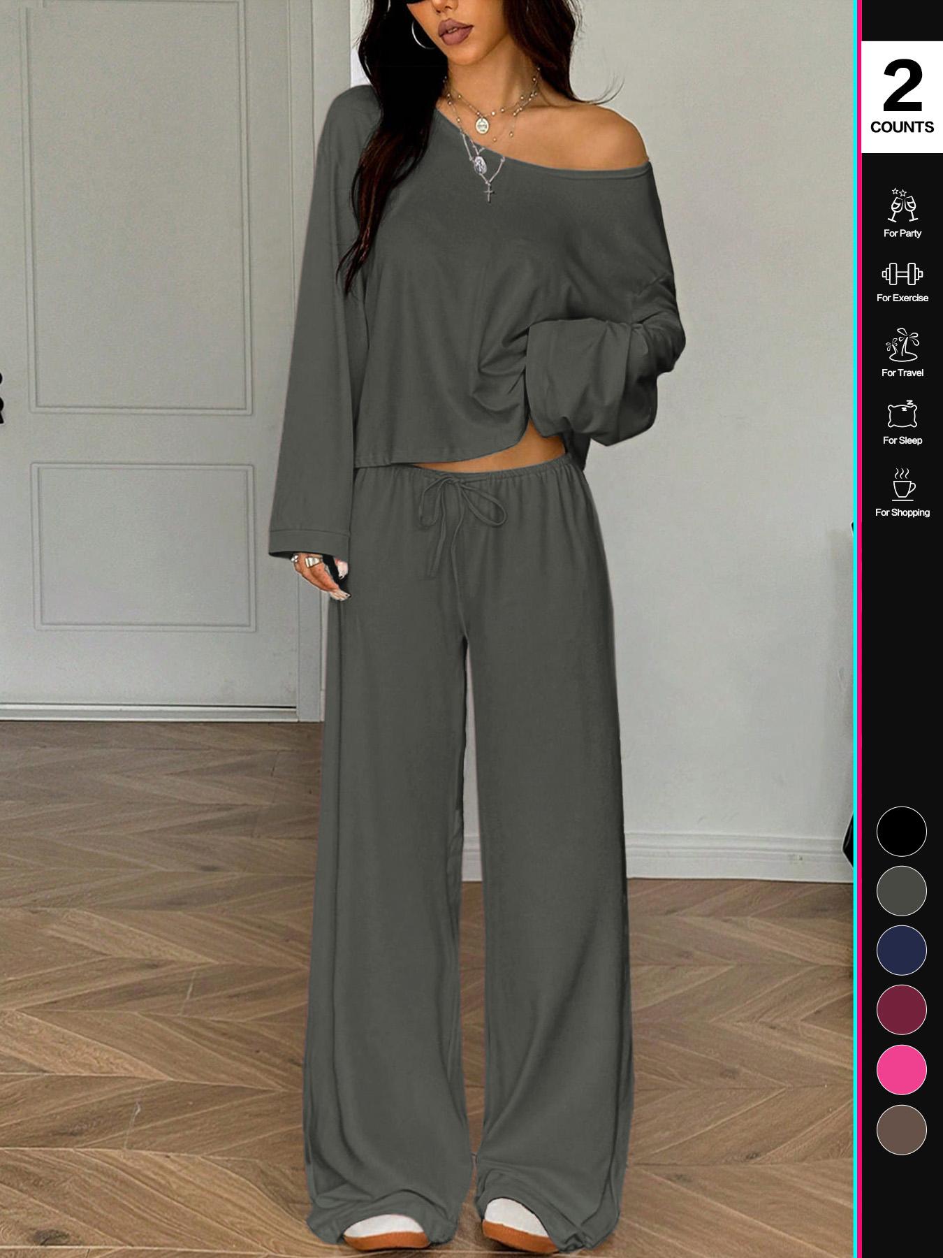 Women's 2 Piece Matching Lounge Set Off The Shoulder Long Sleeve Top and Drawstring Wide Leg Pants Casual Sweatsuit