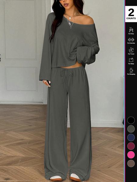 Women's 2 Piece Matching Lounge Set Off The Shoulder Long Sleeve Top and Drawstring Wide Leg Pants Casual Sweatsuit