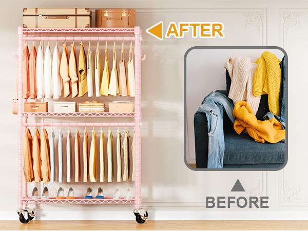 Heavy-Duty Rolling Clothes Rack P1 Pink Pastel Portable Wardrobe with Wheels for Hanging Clothes Organiser,Hold 500lbs Hangable Storage Furniture Organizing