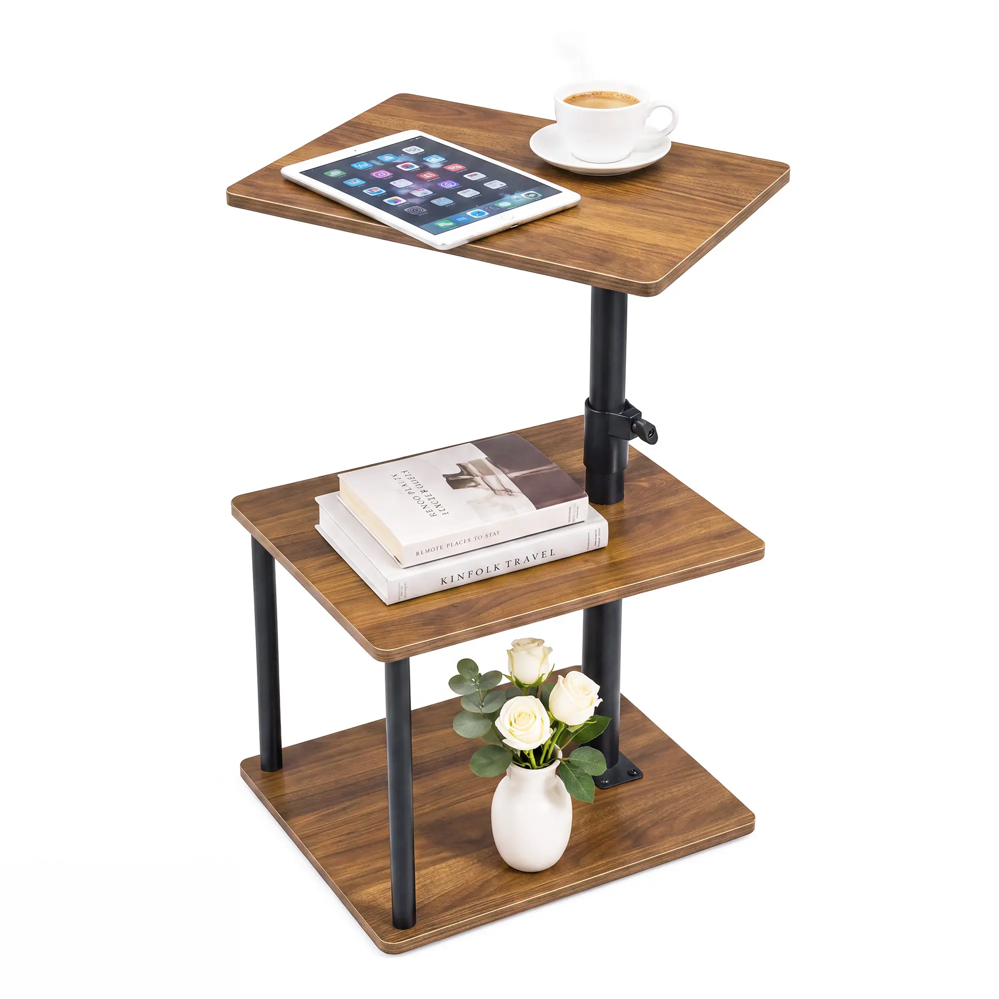 Brown C-Shaped Swivel Bedside Table with Adjustable Height, Storage, Multi-Level Shelf, 360-Degree Rotating Top for Sofa, Bed, Living Room, Space-Saving Indoor Furniture Table