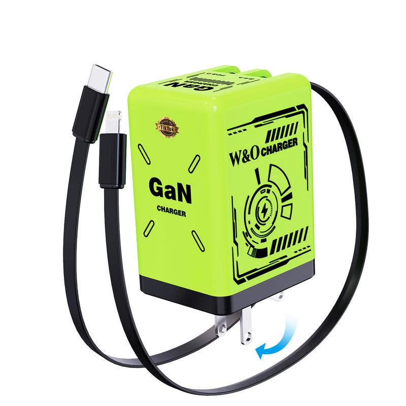 W&O Portable GaN Fast Charger,Compatible with 120W GaN Fast Charging  W/ Retractable 2 Cable (USB-C & Lightning) - Fast Charging for iPhone 15, Samsung, Gaming, Travel & Office - Universal Compact Travel Charger-Father's Day Gifts