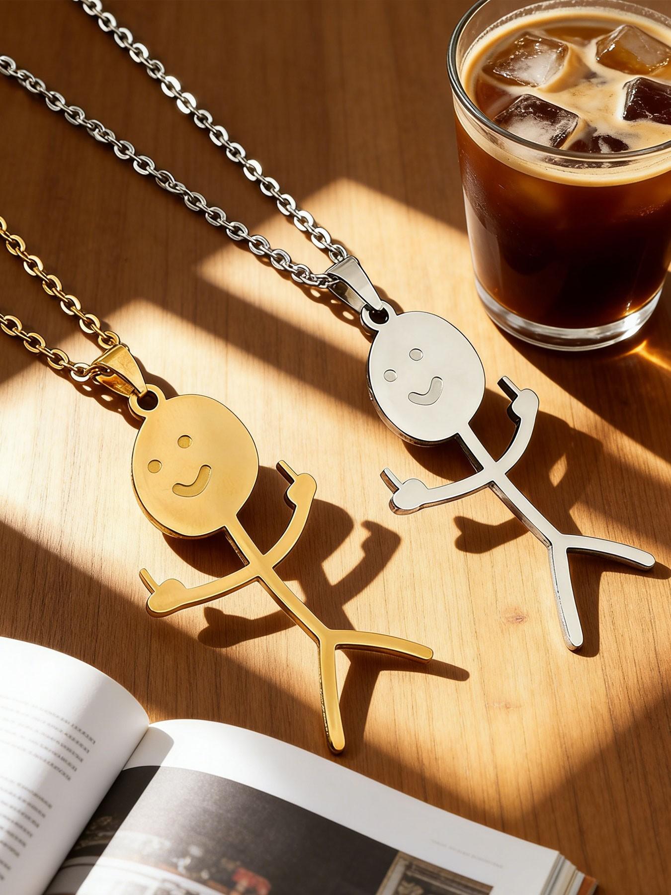 Funny Middle Finger Stick Figure Necklace, Fun and Unique, Unisex Accessory, or Silver Color, Trendy and Cool