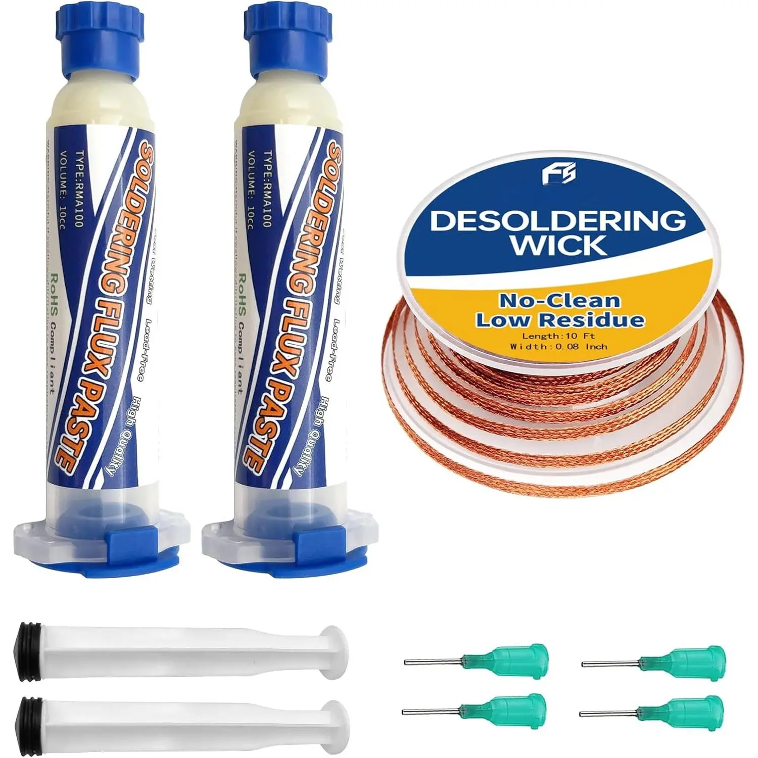 No Clean Soldering Flux Paste & Solder Wick, Solder Flux for Electronics Soldering 10cc/Bottle (2PACK), 10Ft Desoldering Wick Braid  Solder