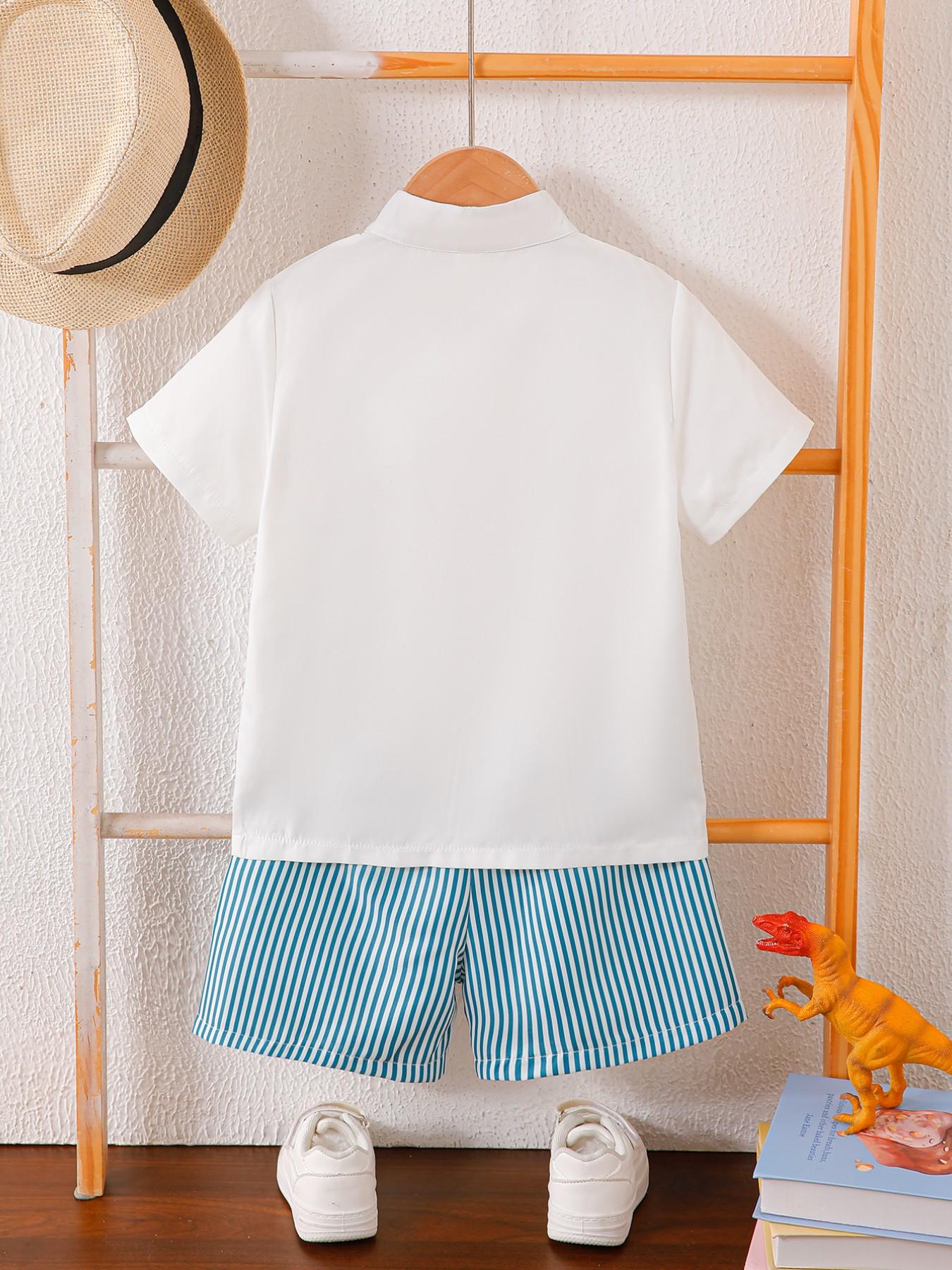 Boys' Summer Casual Set, Button Front Stand Collar Shirt, Short Sleeve with Pocket, Cute Dinosaur Print, Striped Shorts, 2-Piece Set