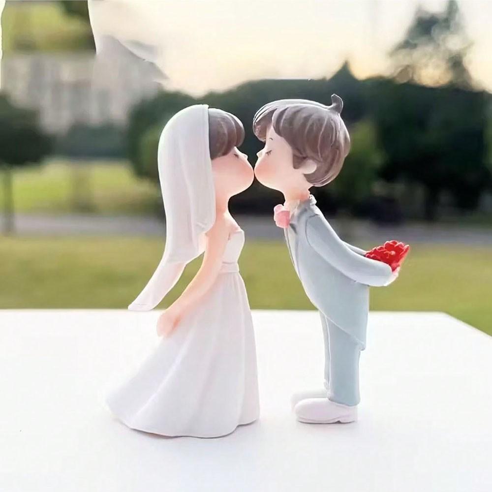 2pcs Cartoon Wedding Couple Statues, Plastic Miniature Landscape DIY Decor, Romantic Bride Decoration, Festive Display, Desktop & Window Shelf