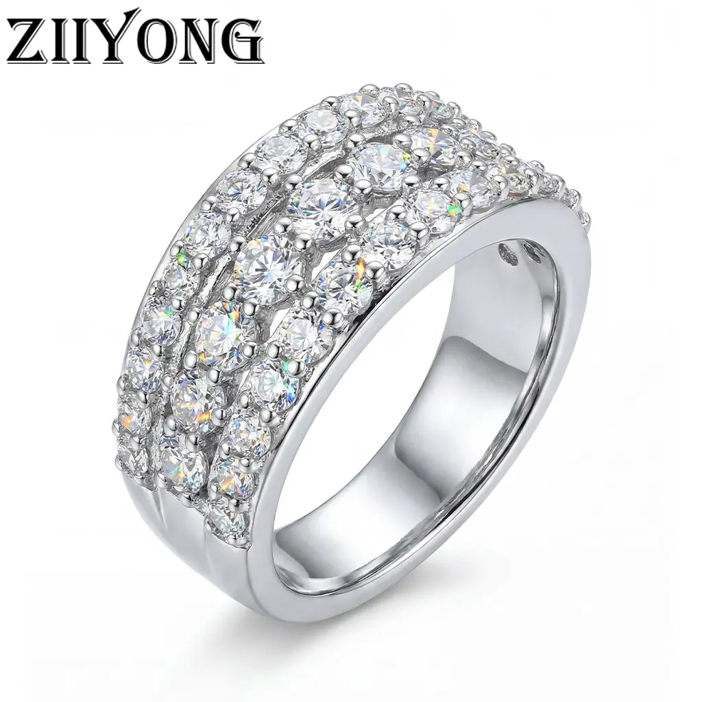 ZIIYONG Women's 3-Row Brilliant Round Cut Moissanite Wide Band Ring, 925 Sterling Silver, No Rhodium Plating, Hypoallergenic Luxurious Fine Jewelry, Ideal for Anniversary, Wedding Party Wear
