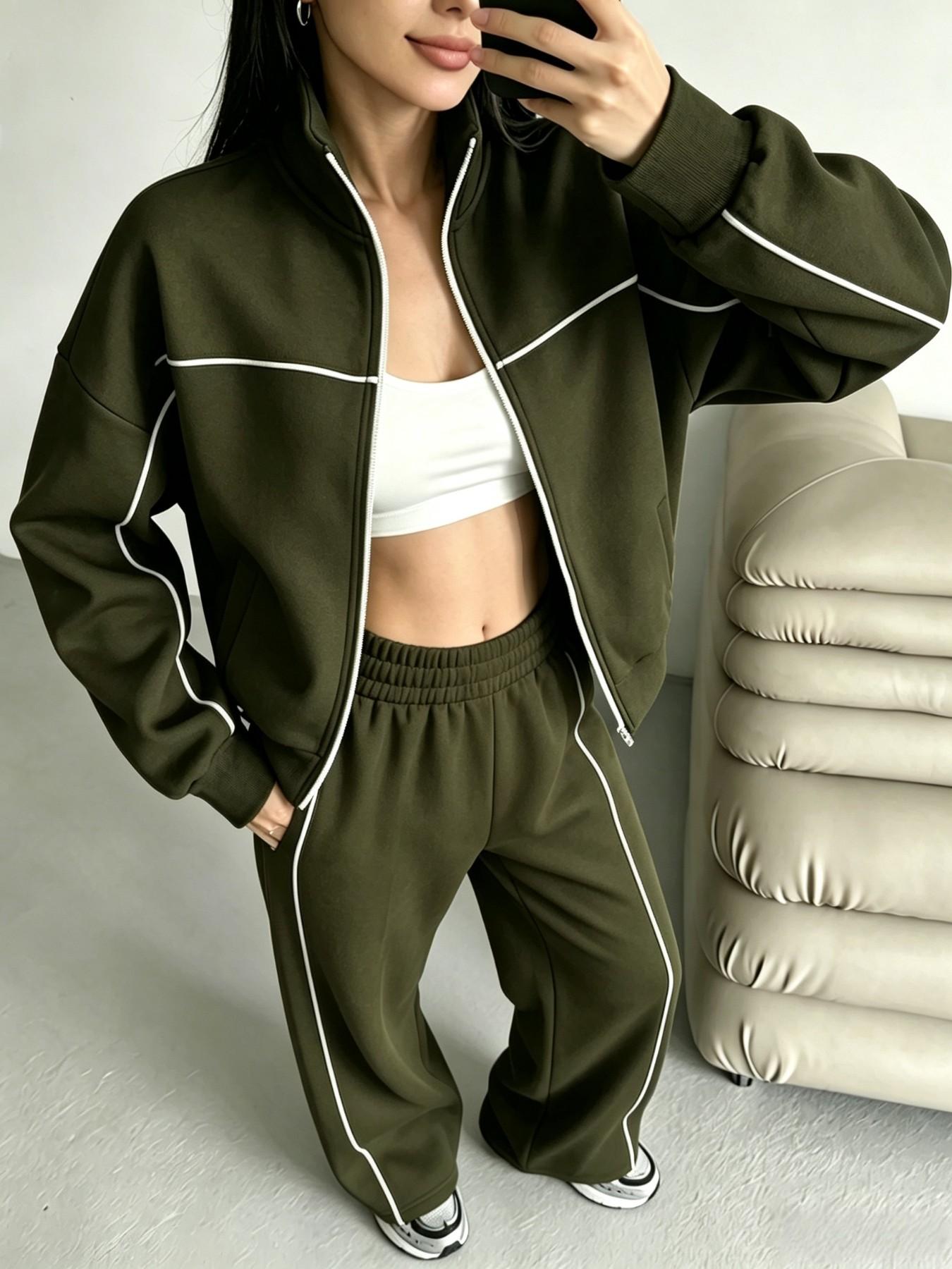 Women's Two-Piece Set, Fall Winter, Long Sleeve Zipper Stand Collar Sweatshirt, Mid-Waist Pants, Casual Office Wear, Multiple Colors Available, Clothes