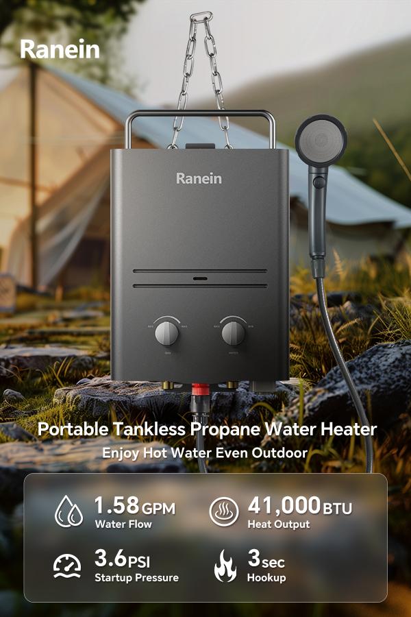 Ranein Tankless Water Heater Outdoor, 1.58 GPM Portable Propane Camping Water Heater, 6L, RO4KY, Grey