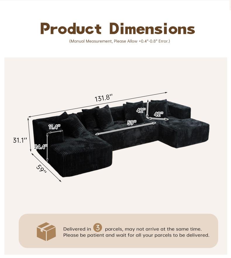 132'' U-Shape Modular Sectional Couch – Boneless Compressed Corduroy Sectional Sofa, Modern Sleeper Sofa for Living Room, Space-Efficient Convertible Corduroy Sectional (3 Packages Shipping)
