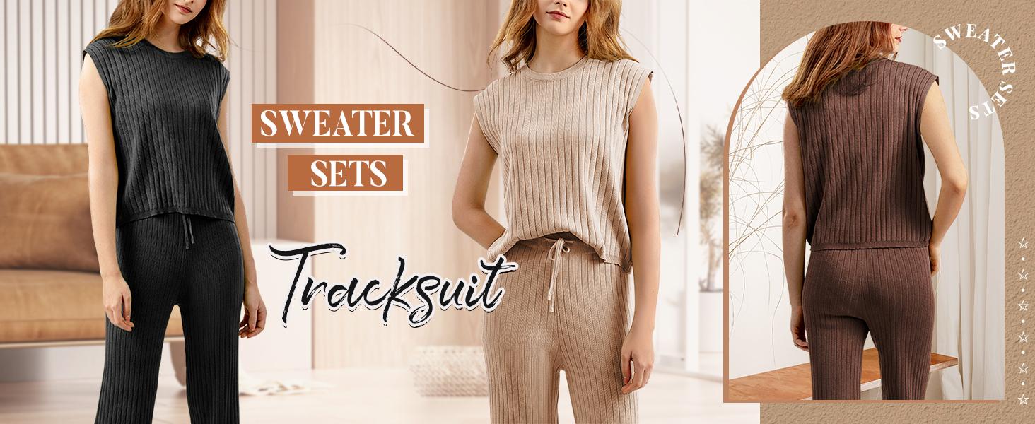UANEO Women's 2 Piece Outfits Sweater Sets Knit Pullover Tops Sleeveless Vest Wide Leg Pants Lounge Sets Tracksuit Lady Comfort Minimalist #TikTokShopBacktoSchool