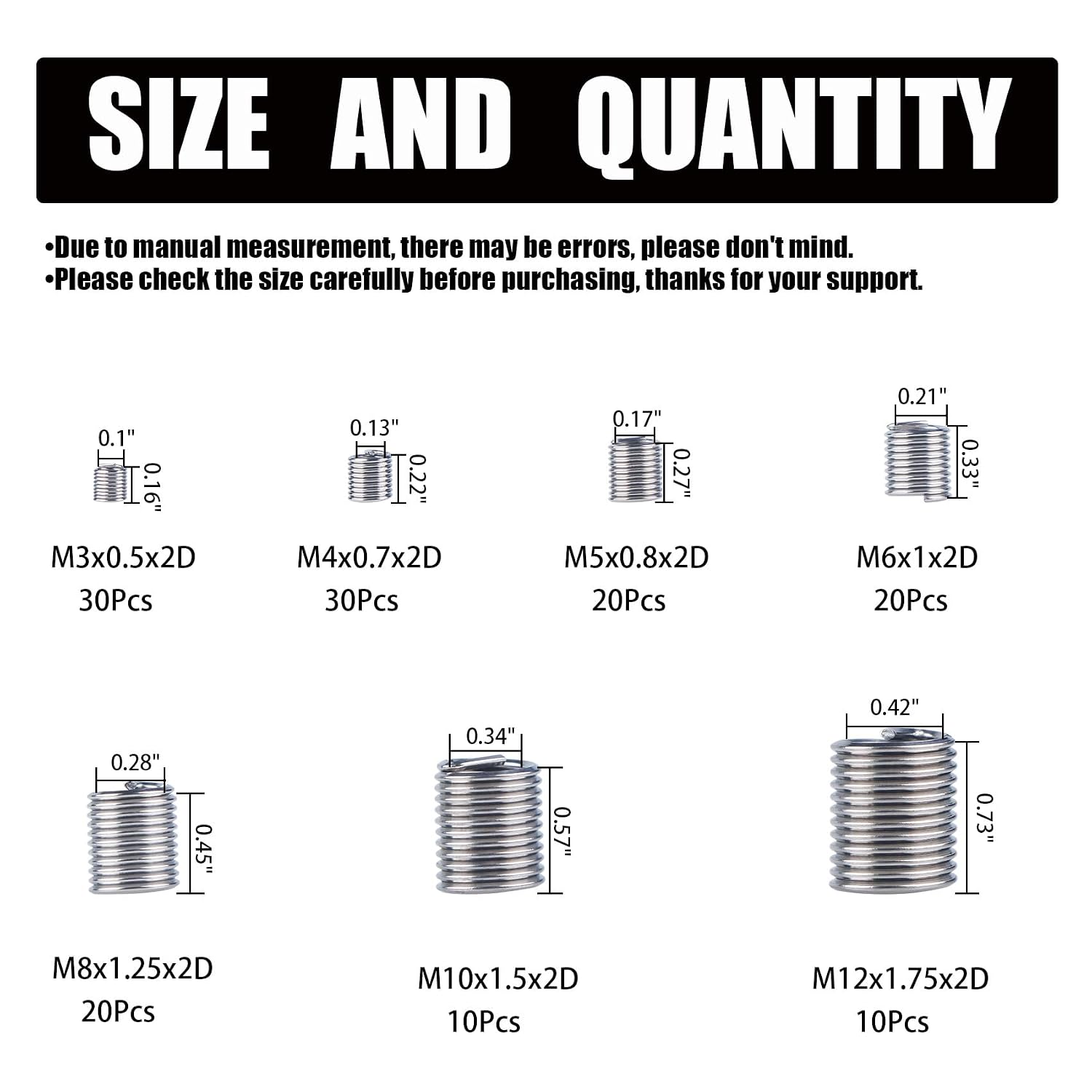 Thread Repair Inserts Kit 140 count 304 Stainless Steel Metric Thread Insert | M3 M4 M5 M6 M8 M10 M12 Wire Thread Repair Inserts for Automotive, Machinery, Engine Repair