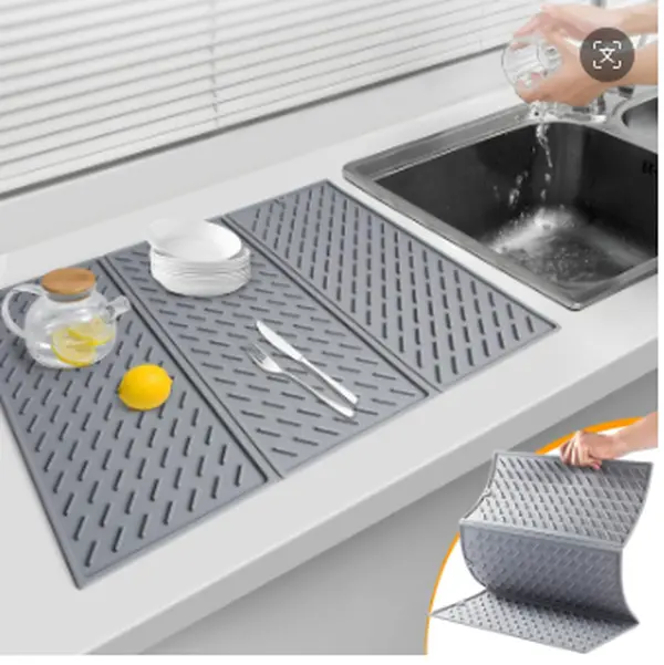 Silicone Dish Drying Mat for Kitchen Counter, Collapsible Trifold Large Dish Drainer Mat, Drying Mat with Hook, 24x16In Non-Slip Silicone Sink Mat, Easy to Clean. Space saver!
