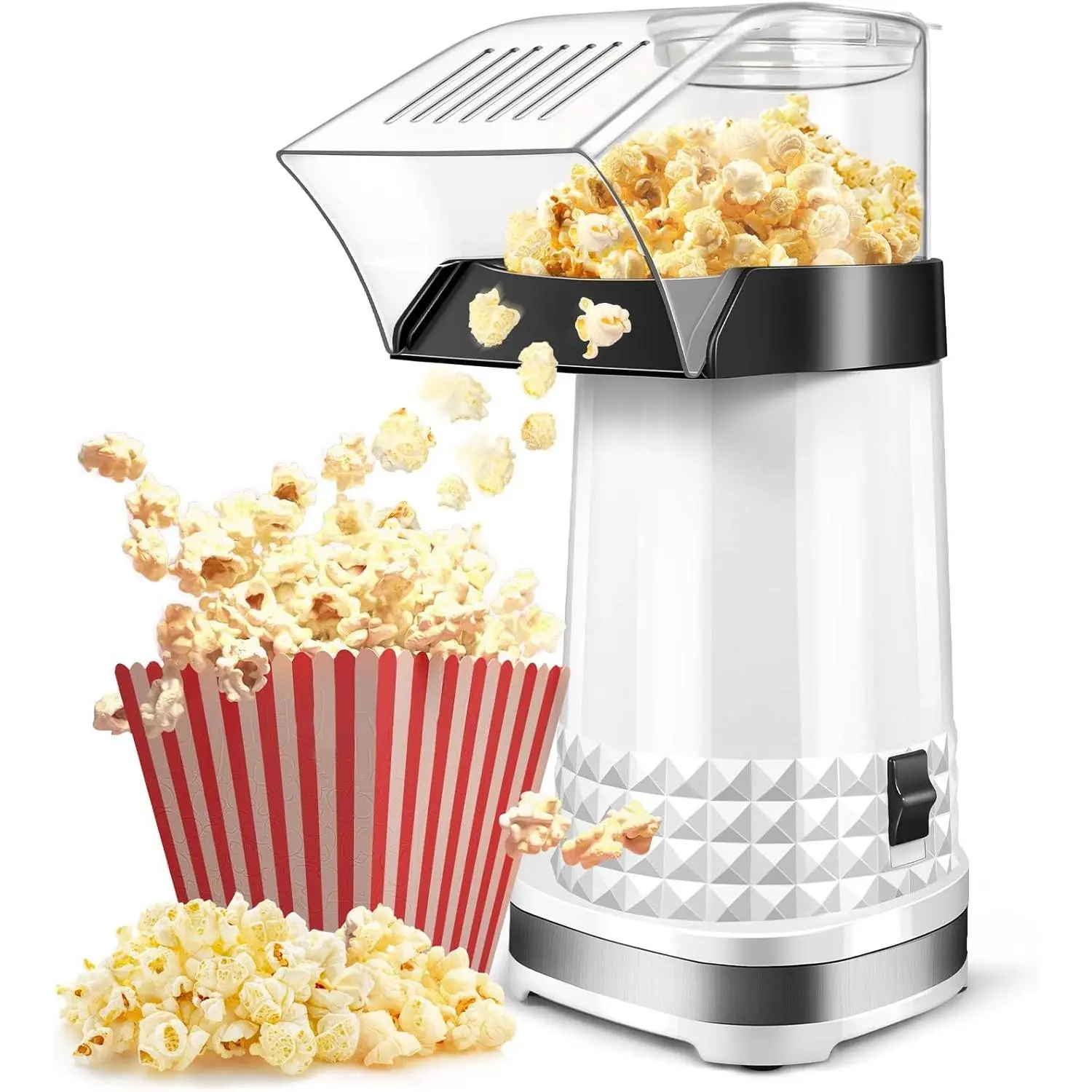1200W Hot Air Popcorn Machine - 4.5-Quart Oil-Free Popcorn Maker with 2-Min Fast Popping, High Efficiency Air Popper with Anti-Clog Design for Healthy Family Snack (White)