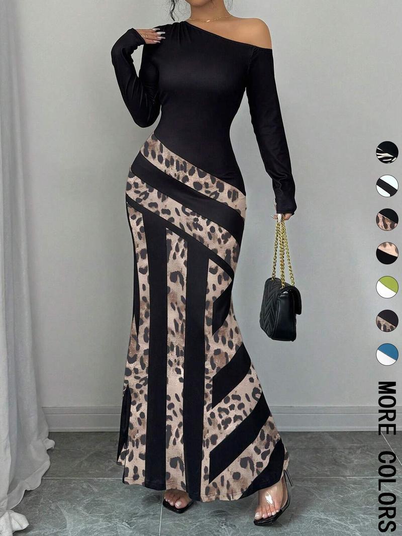 Women's Colorblock Striped Print Asymmetrical Neck Mermaid Dress, Elegant Fashion Long Sleeve Dress for Party Dating Wear, Women Dress for All Seasons, Formal Bodycon Dress