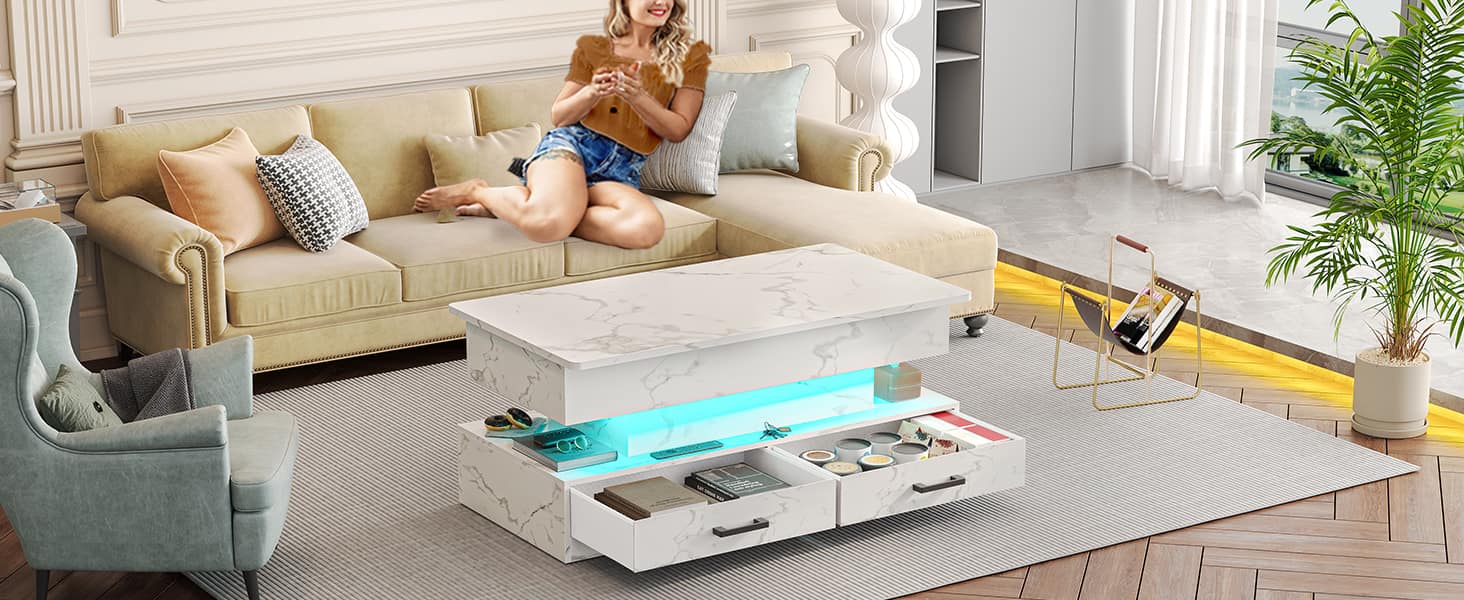 SEDETA 40-inch Faux Marble Rectangular Coffee Table with Drawers & LED Lights Living Room Furniture Foldable Height Adjustable Storage Compartment