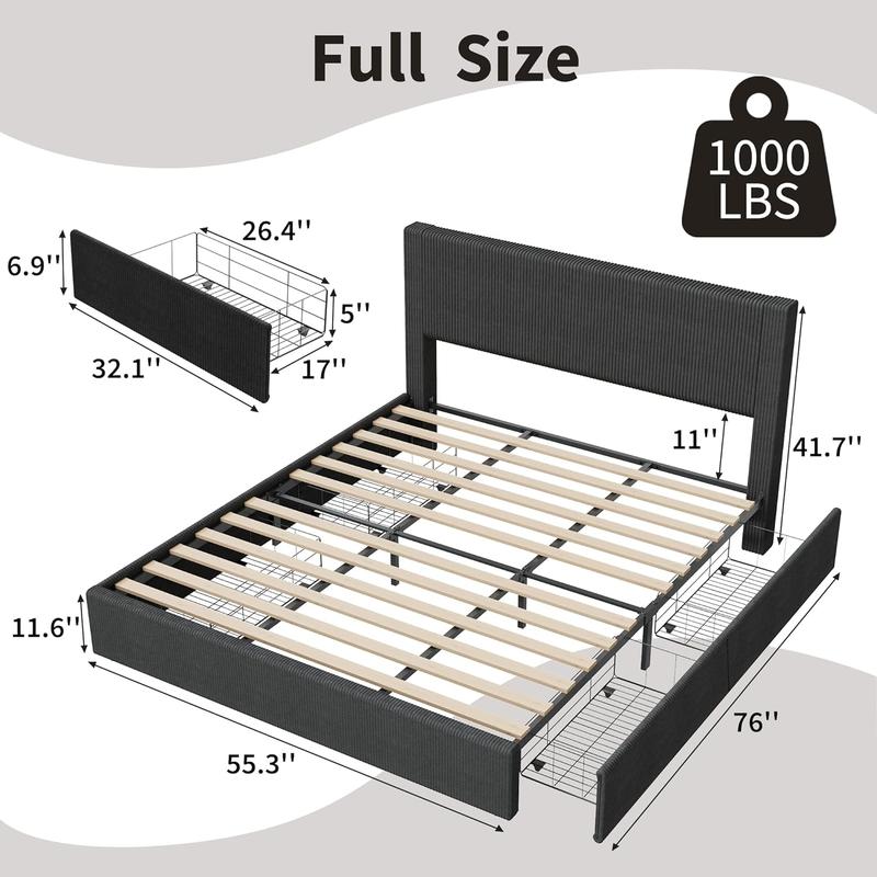 Corduroy Bed Frame with Headboard, Platform Upholstered Full Size Bed Frame with 4 Storage Drawers and Wooden Slats Support, No Box Spring Needed