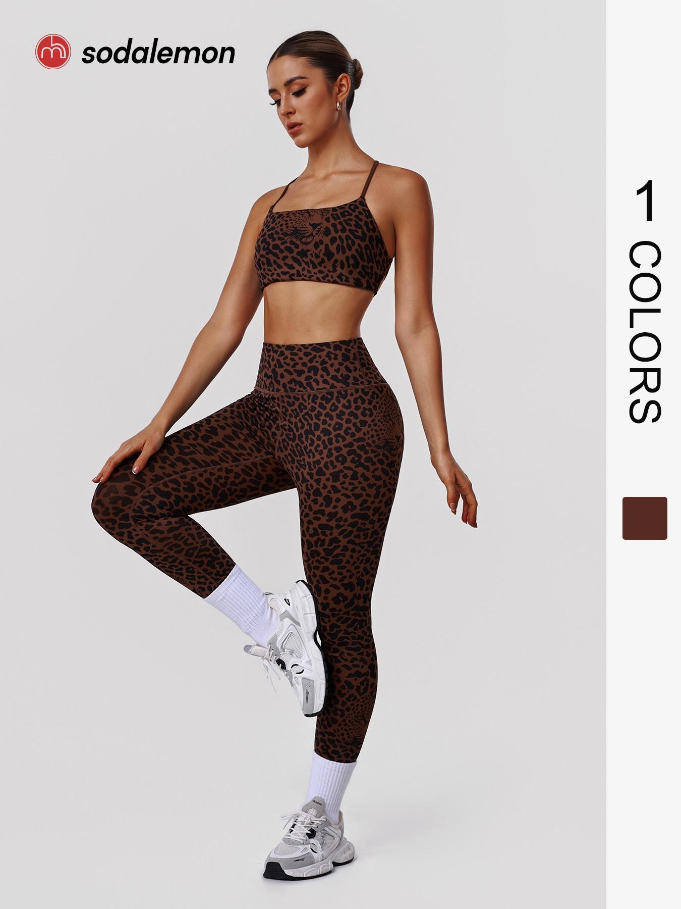 Women's Leopard Print Elastic Workout Set, Backless Sports Bra and Pants, Stylish Fitness Set for All Seasons, Backless Gym Clothes