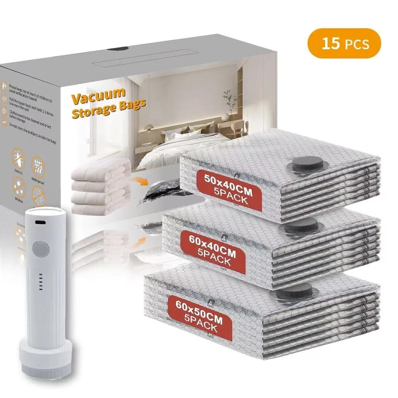 6/9/12/15 Pcs Vacuum Compression Storage Bags with Rechargeable Electric Air Pump, 3 Sizes Waterproof Reusable Sealing Storage Bags, 140L/Min Powerful Air Removal, Space Saver for Suitcase & Home Storage, Ideal for Holiday & Housewarming Gifts