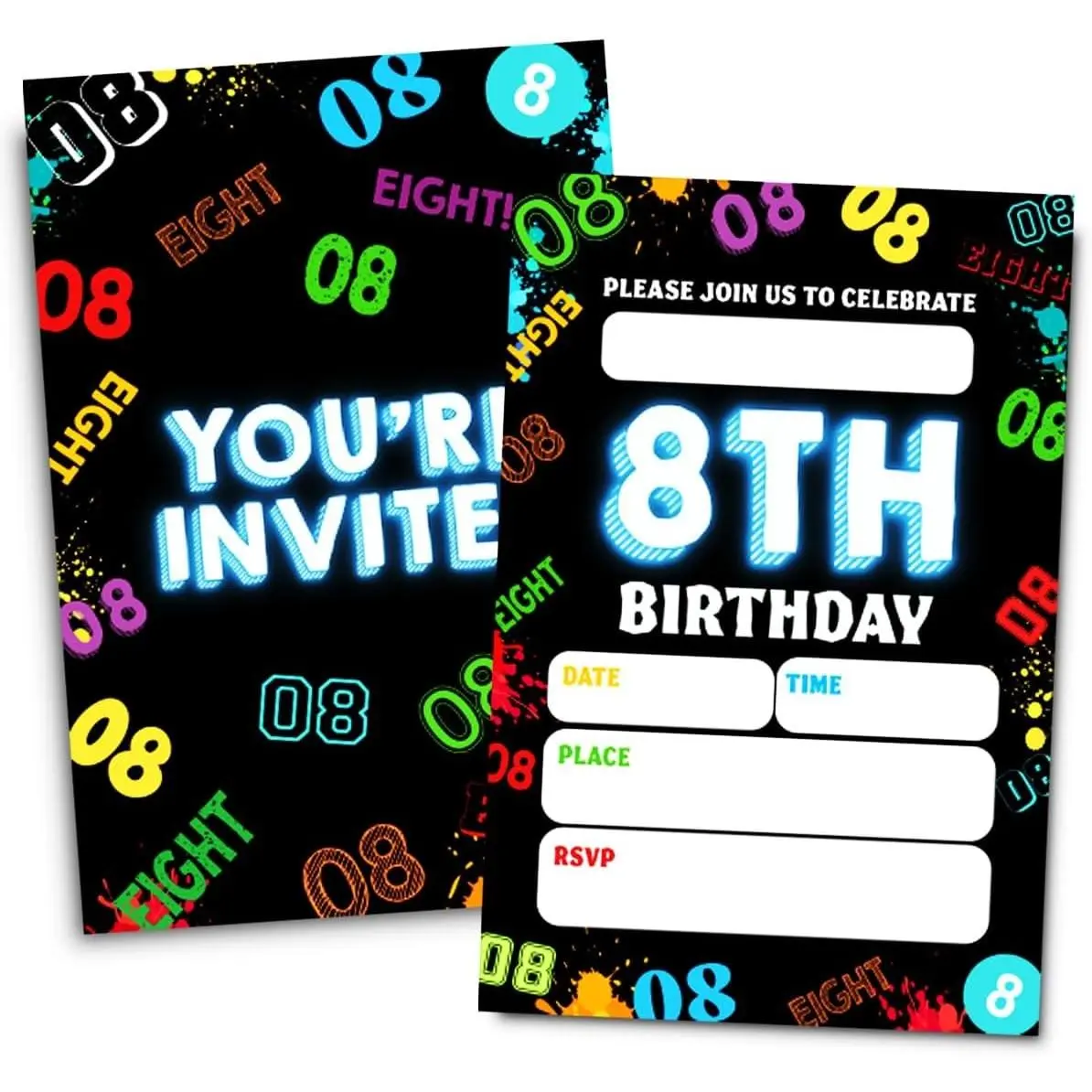 8th Birthday Party Invitation Cards for Boys Girls, 30 Cards & 30 Envelopes