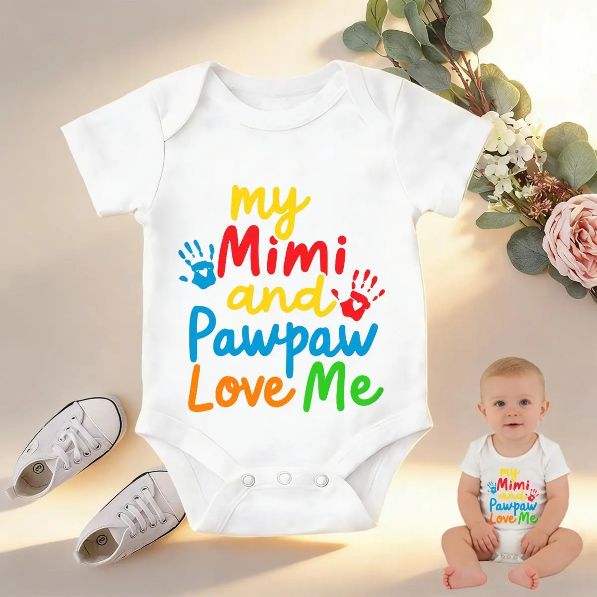 Baby Onesie My Mimi And Pawpaw Love Me Print 100% Pure Cotton Gentle On Skin Snap Closure Breathable Perfect For Gifting & Everyday