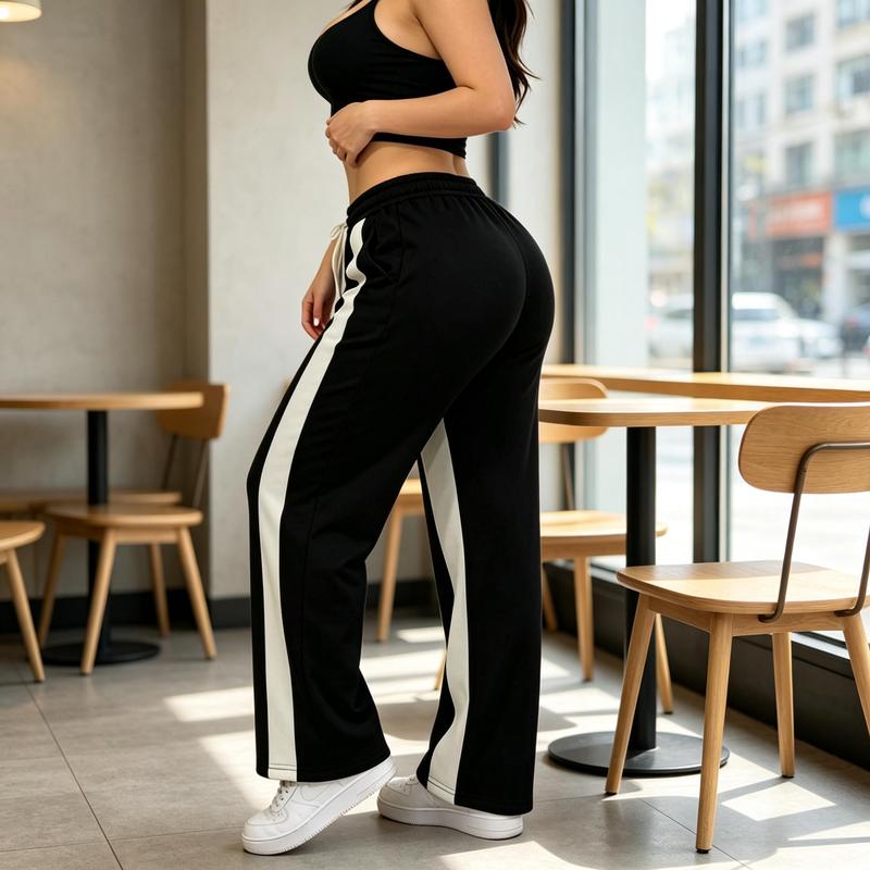 Women's flannel work pants, street style women's wide leg wool lined sports pants, bold white contrasting stripes on the sides, elastic drawstring waist loose fitting warm knit pants, suitable for women's city outings and exercise