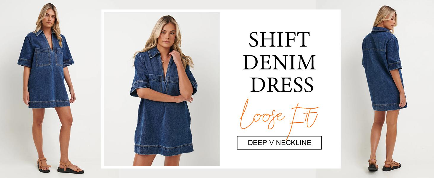 FMEYOA Womens Denim Shirt Dress Long Sleeve V Neck Loose Casual Jean Mini Dress with Pockets FMEYOA Womens Denim Shirt Dress Long Sleeve V Neck Loose Casual Jean Mini Dress with Pockets