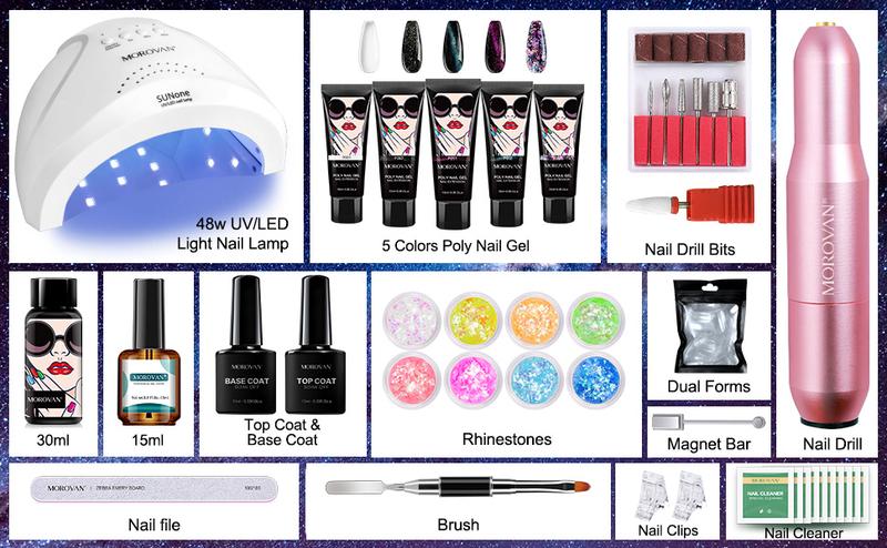 Morovan Poly Gel Nail Kit - with Drill and 48W UV/LED Lamp Professional Extension for Beginners Luminous Everything Bulide Kits Art Tools Starter Supplies