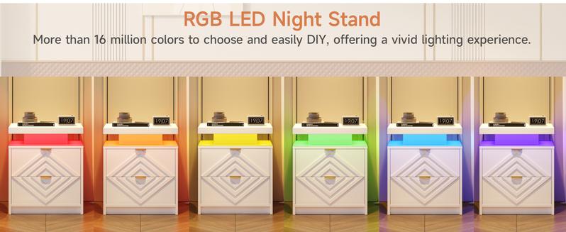 【Valentine's Day gift】ONBRILL White Nightstand with Charging Station and LED Lights, Smart Night Stand, Modern Bedside Table with Drawers, RGB Lights, Power Outlets, USB and Type-C Ports, End Side Table for Bedroom Office