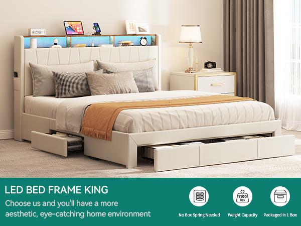 Yitahome King Size Bed Frame, Storage Bed Frame w/LED Lighting & 4 Drawers, Upholstered Platform Bed Frame with Charging Station & Storage Headboard, No Box Spring Required, Easy Assembly