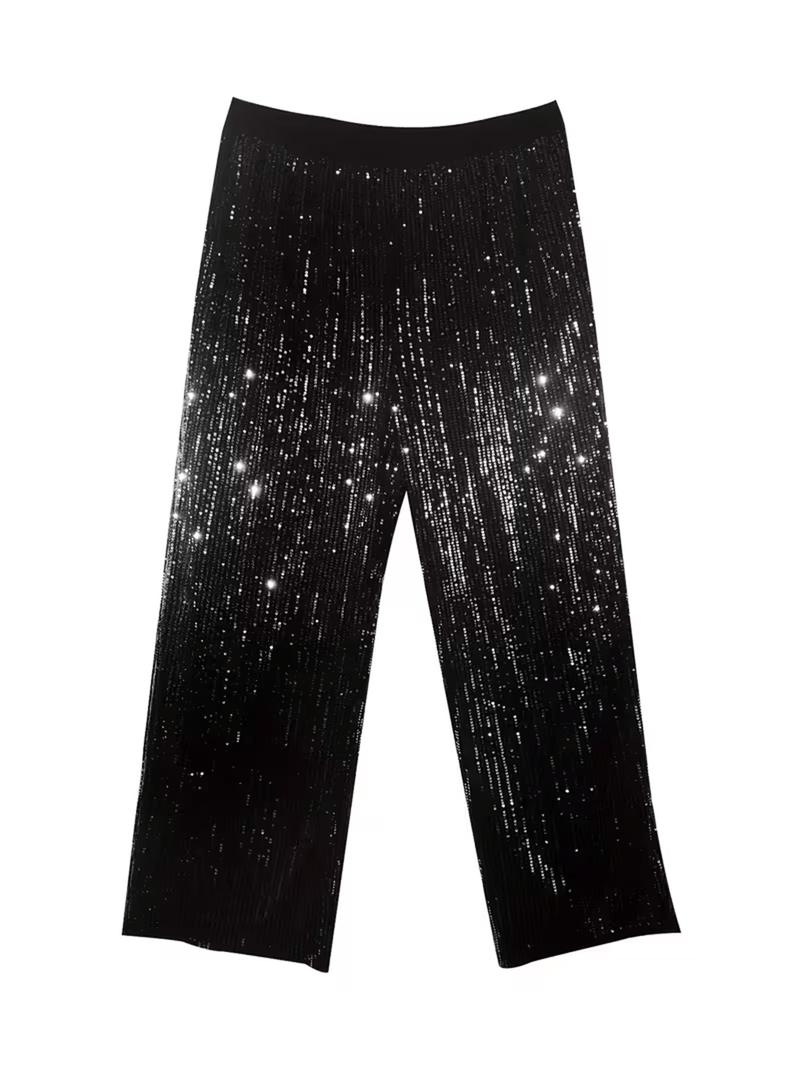 Women's Fashion Pants with Elastic Waistband,  Sequins Detailing, Stylish Long Trousers for Casual Wear
