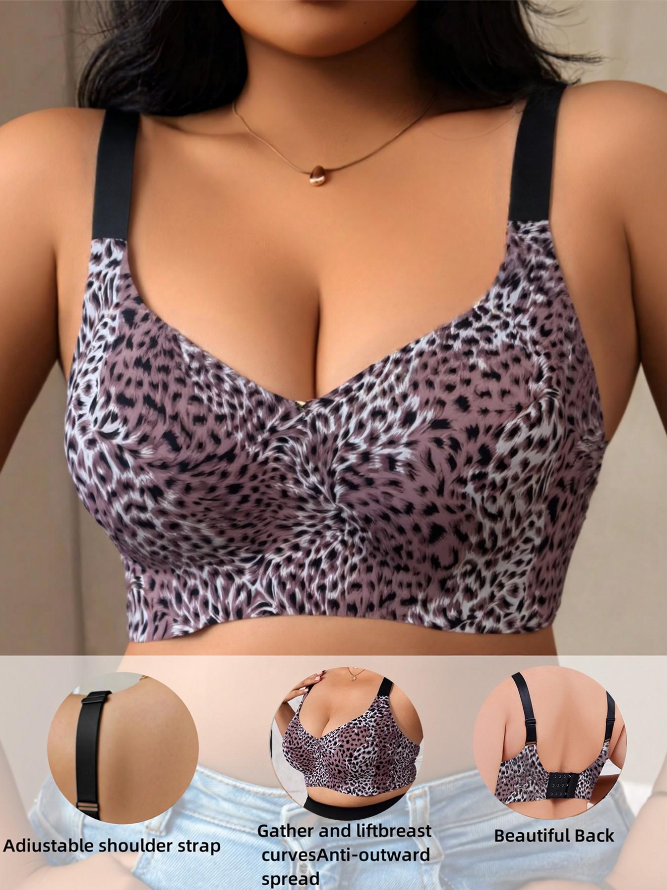 Randow Color,【Plus Size】 Leopard Print Wireless Bra, Comfortable Breathable Adjustable Strap Removable Chest Pads Bra, Women's Lingerie for All Seasons, Womenswear