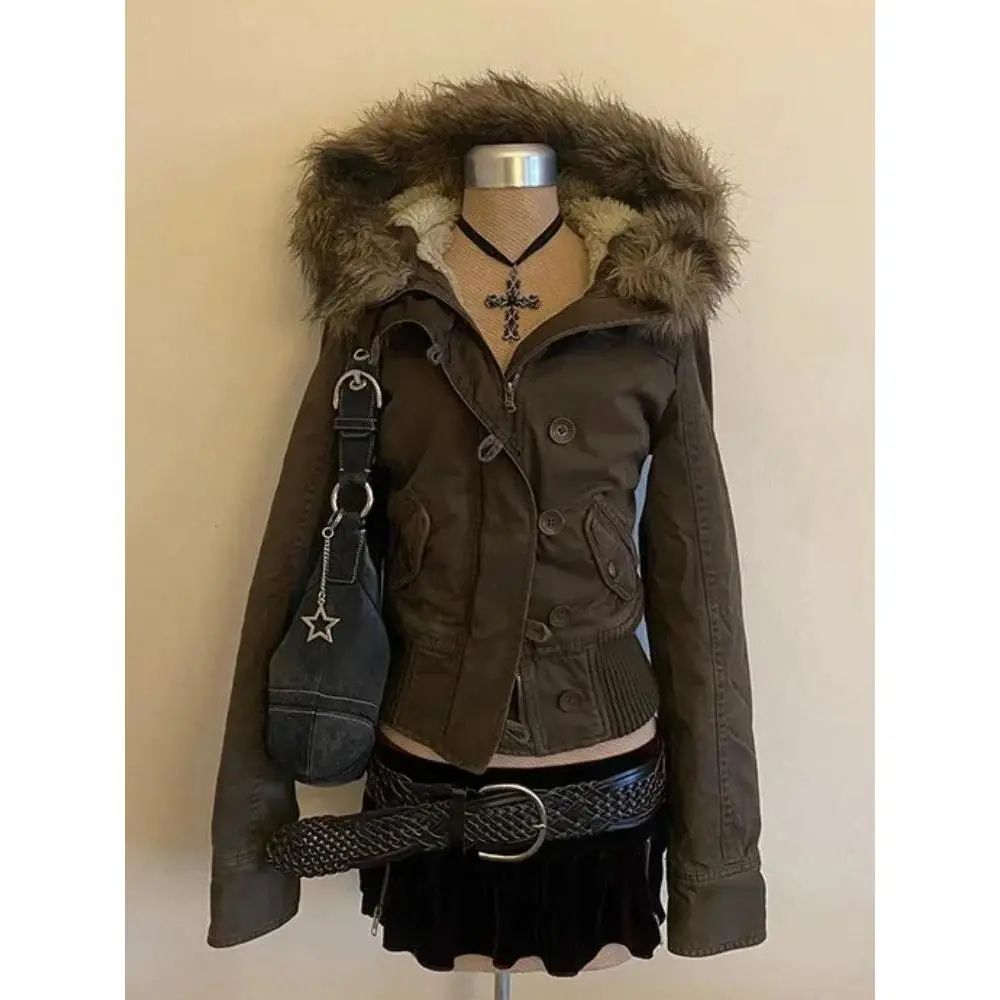 2026 Spring Retro Faux Fur Coats Women 2000s American Vintage Jackets Harajuku Gotihc Punk Clothing Jean Parkas Female Outwear
