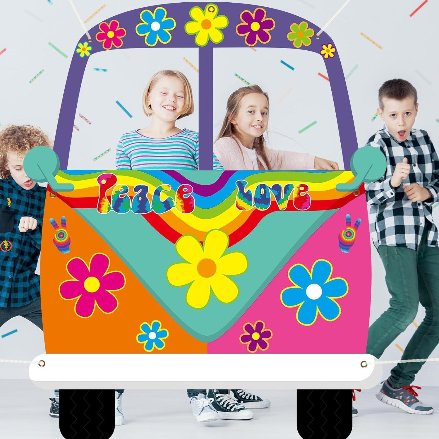 Large Hippie Bus Shaped Photo Prop 60s Party Decor 60's Retro Groovy Van Prop Fabric Hippie Selfie Frame Backdrop Background Banner Birthday Party Supplies Retro 60s 70s Party Favors 59 x 48.6Inch