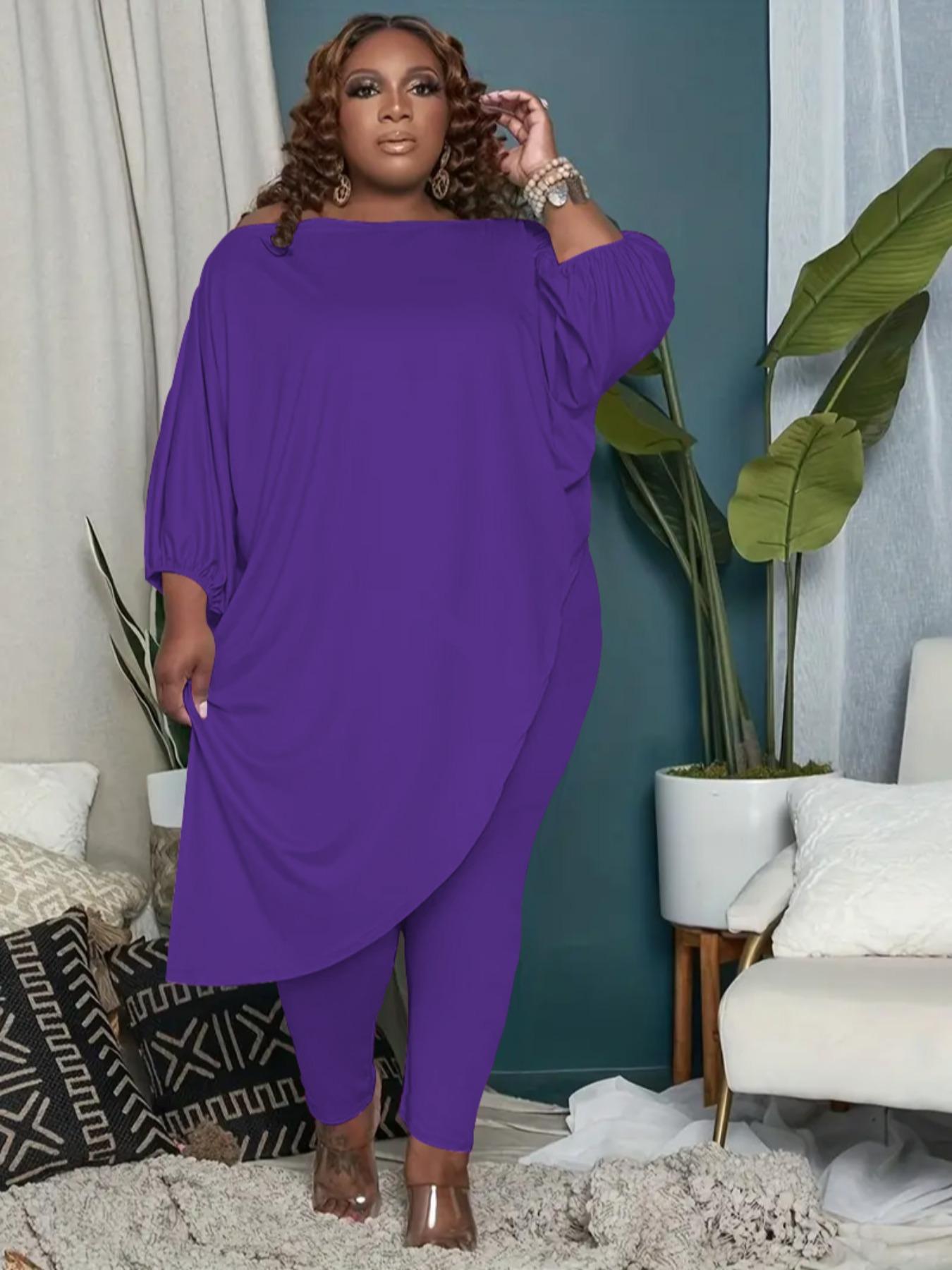 【Plus Size】 Women's Two-Piece Set Asymmetrical Hem Lantern Sleeve Top & Elastic Waist Pants, Casual Three Quarter Length Sleeve Boat Neck Top & Trousers for Daily Wear, Women's Two-piece Outfits for Fall & Winter, Clothes