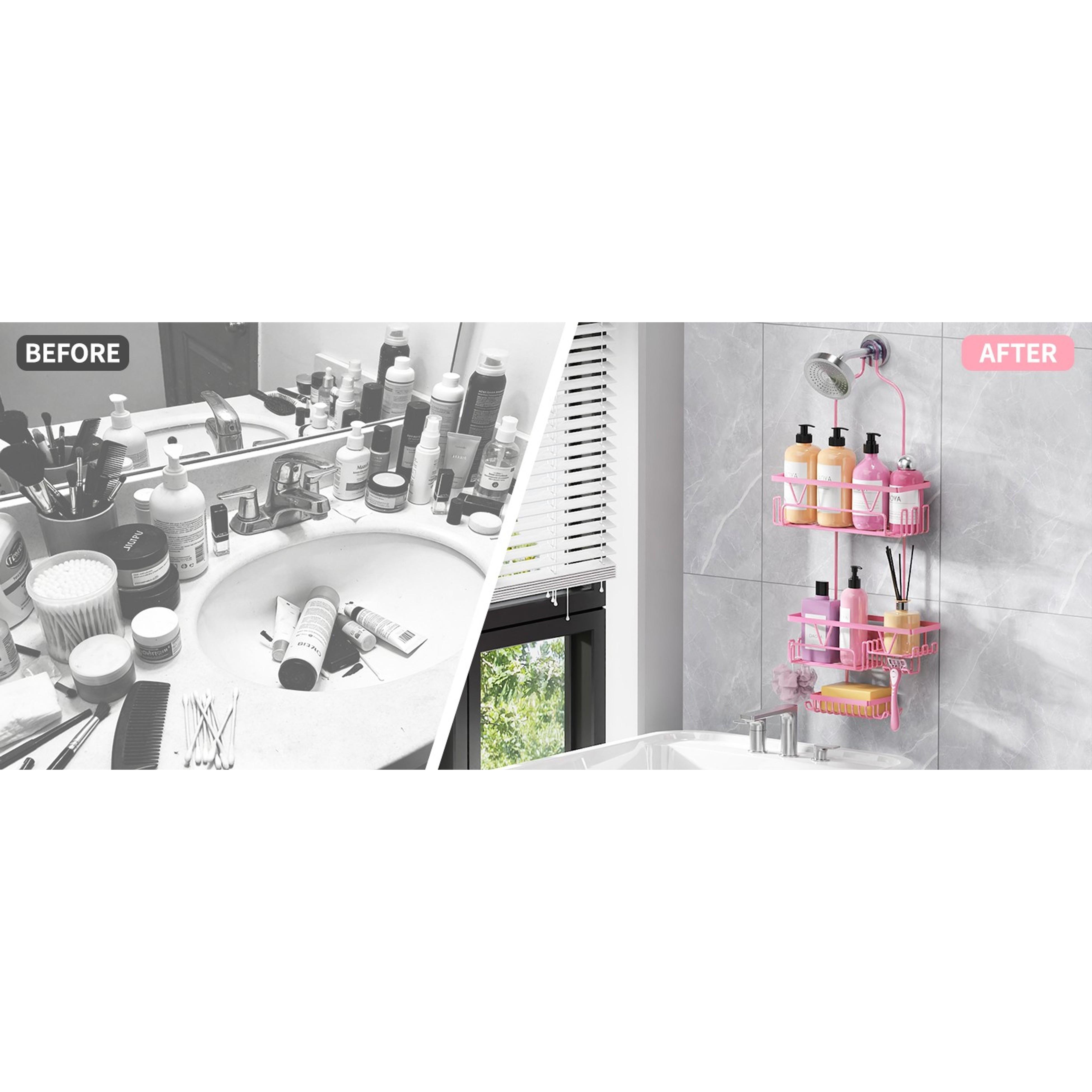 Pink Stainless Steel Hollow Hanging Shower Caddy Over Shower Head - Anti-Swing Bathroom Organizer, 2 Soap Holders, Multi Hooks, Rustproof Indoor Bathroom Accessory