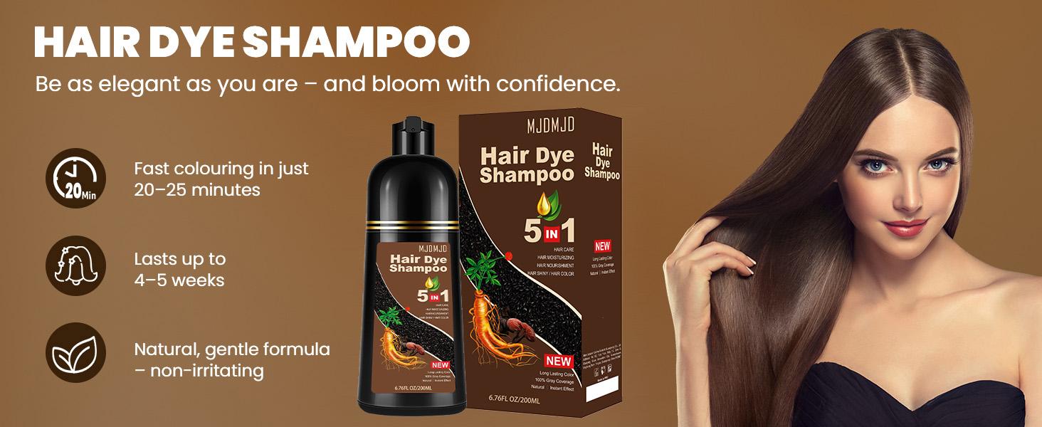 5-in-1 Dark Brown Hair Dye Shampoo – Natural Herbal Hair Color Shampoo with Ginseng, 100% Gray Coverage for Men & Women,  Long Lasting Dark Brown, Easy to Use 200ML