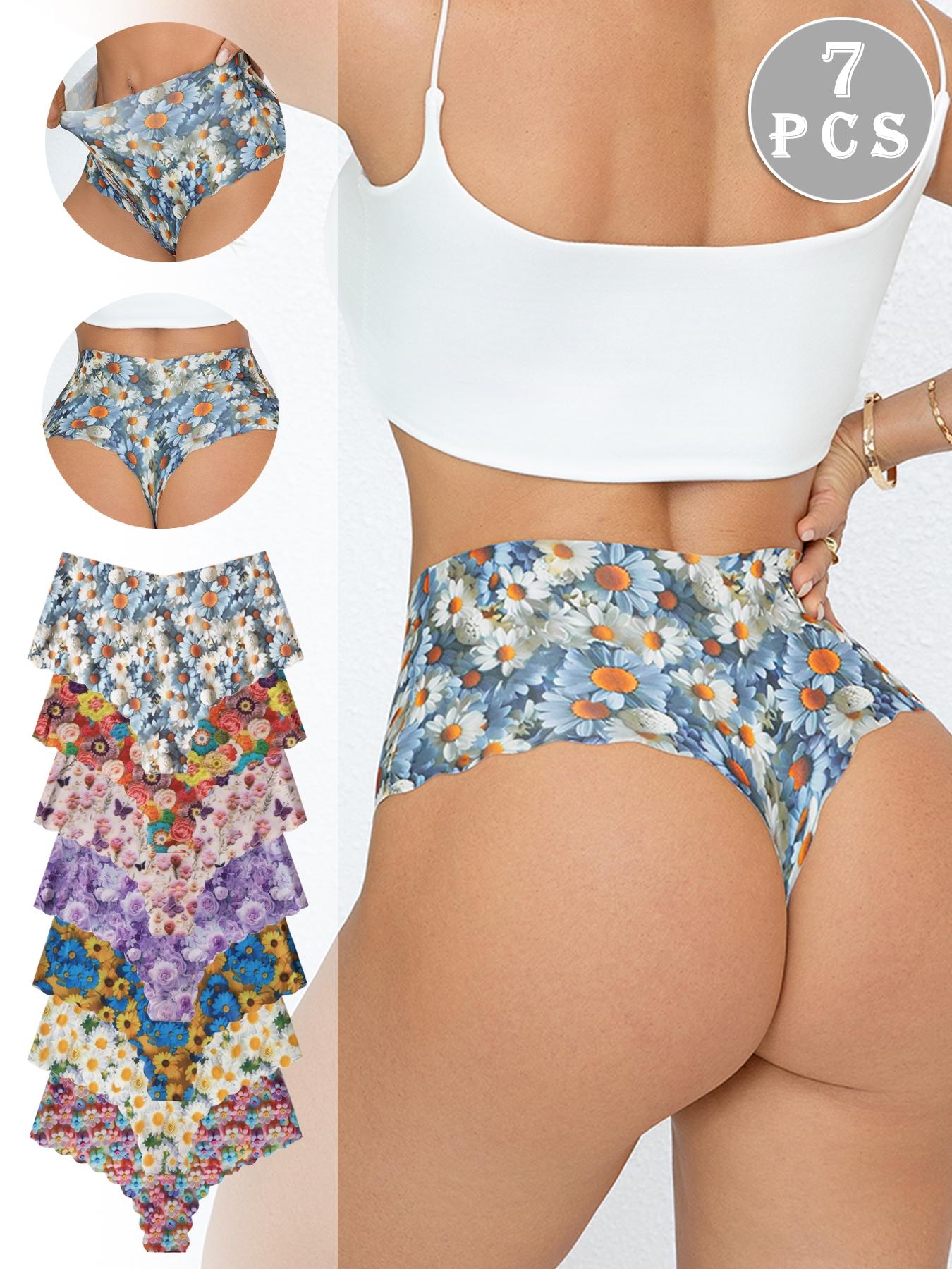 Women's High-Waisted Underwear Set, 7-Pack Seamless Ice Silk Wave-Edge Design, Casual Scallop Trim Panties for All-Season Floral Print Panty