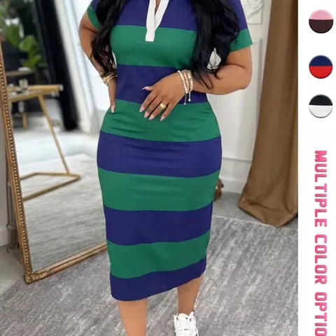 Women's Striped Polo Neck Dress, Elastic Knit Fabric, Colorblock Turn-Down Collar, Half Open Front, Short Sleeve, Casual Everyday Daily Wear