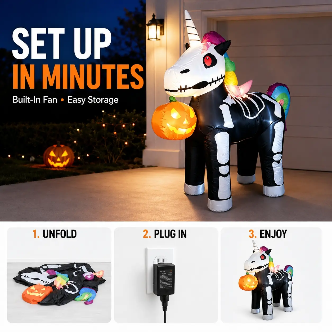 Halloween 1.5m Inflatable Skull Unicorn Pumpkin Light, LED Glowing Courtyard Lawn Outdoor Party Decor, Windproof Easy Install Foldable Storage