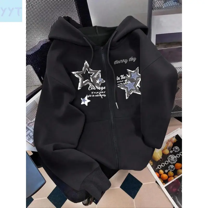 YYT1 Women's Star Print Hooded Cute Cozy Sweatshirt, Fashion Zipper Drawstring Warm Inner Lining, Casual Loose Fit Long Sleeve Jacket Fall Winter Clothes, Casual Print Hoodie, Aesthetic Hoodie