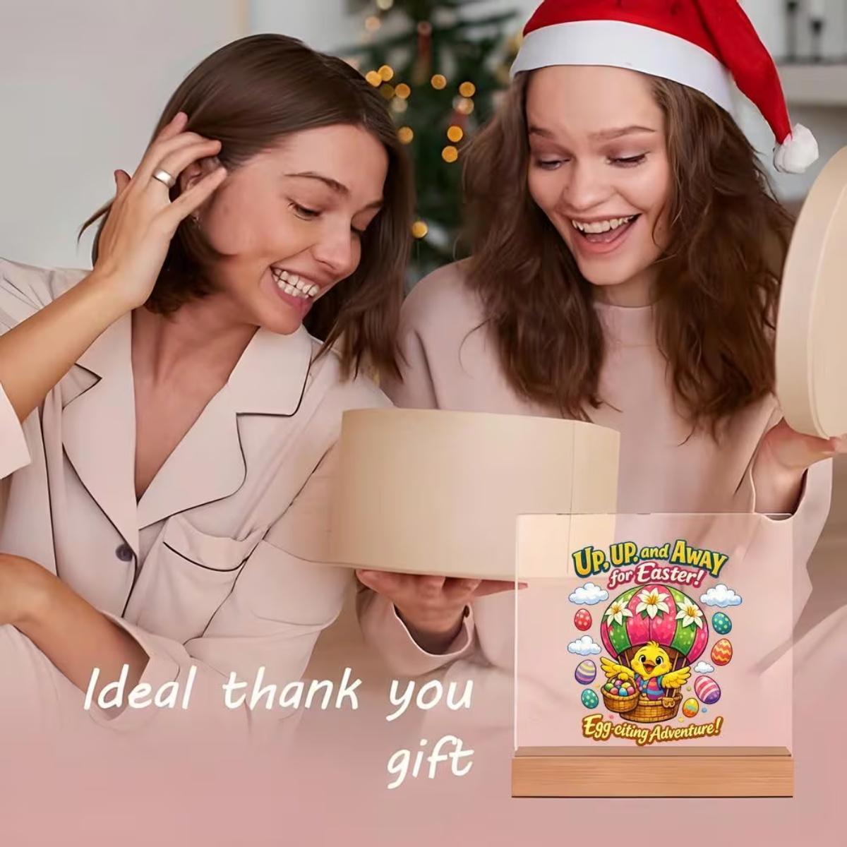 Cartoon Chick Hot Air Balloon Easter Eggs Display Plaque with Base, Kawaii Festive Design with Colorful Clouds & Cheerful Typography, Clear Panel with Natural Stand