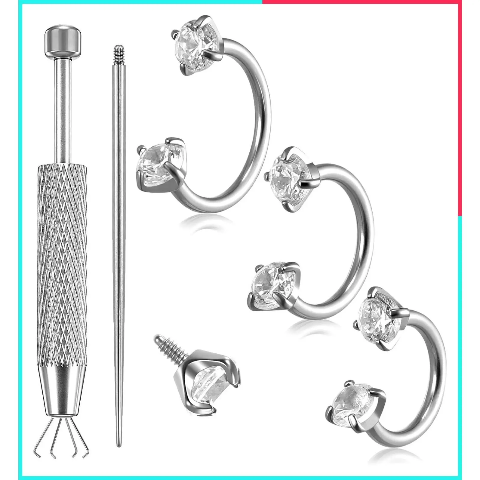 18G Titanium Double Gem Horseshoe Nose Ring - 6mm 7mm 8mm Flat Back Helix Cartilage Lip Piercing Jewelry with Threaded Taper & Grabber Tool