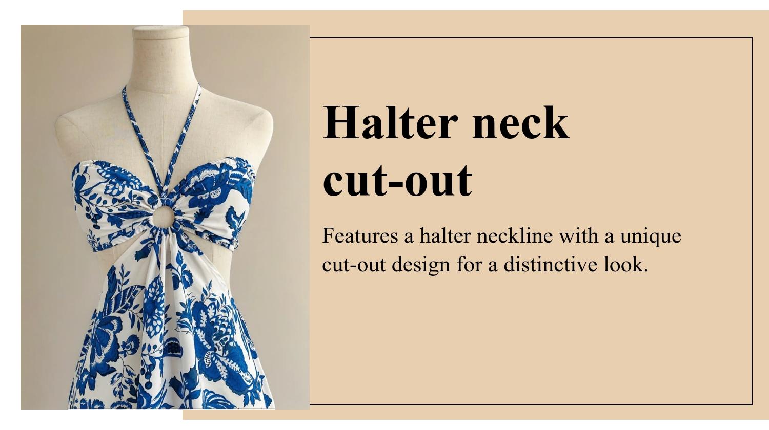 Women's Blue Ethnic Floral Halter Dress, Bohemian Style, Slim-Fitting, Lace-Up Hollow Out Waist, Casual Holiday Wear