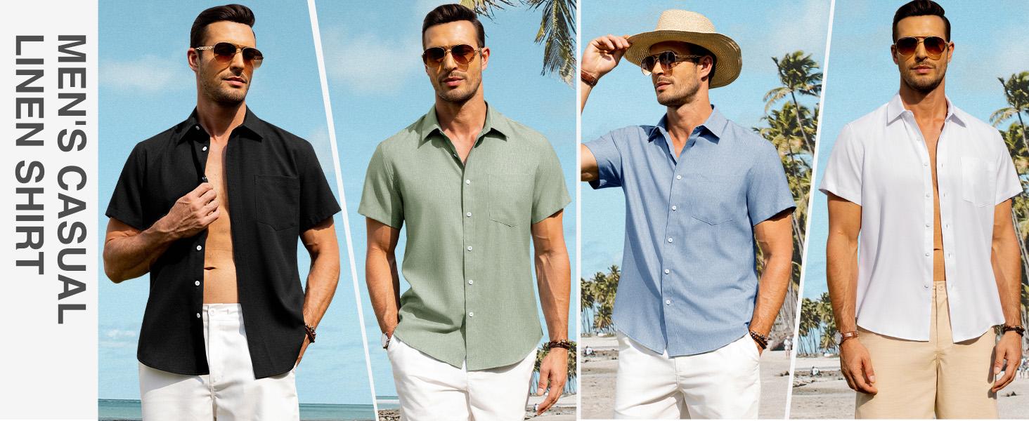 Alimen Men's Linen Shirts Short Sleeve Dress Shirts for Men with Pocket Vacation Beach Summer Party Wedding Casual Button Down Shirts, Lightweight Breathable Comfort Soft Fabric Spread Collar Linen Shirts for Men #FathersDayGift #DealsForYouDays