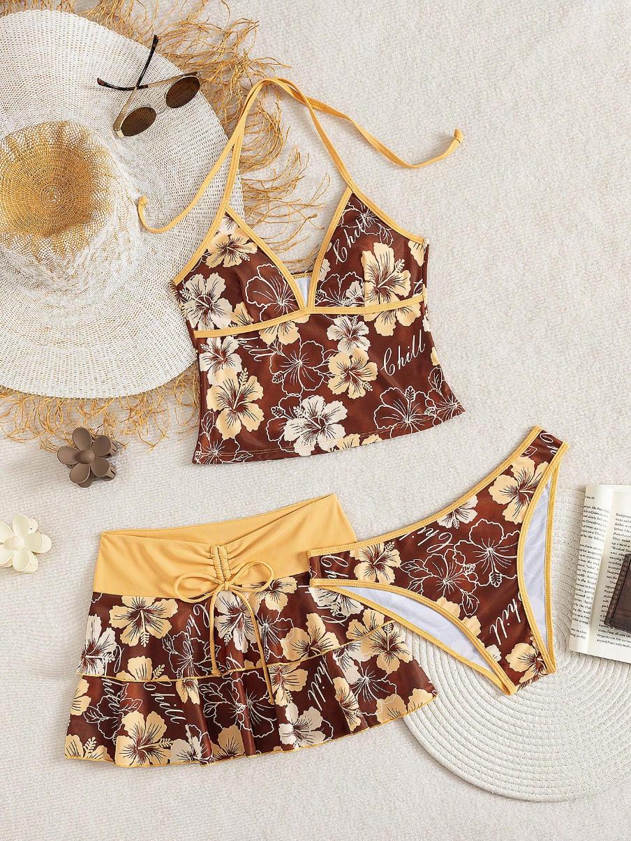 Women's Summer Beach Festival Print Halter Bikini Set, Casual Vacation Style, Fitted Tank Top and Skirt Three-Piece Suit, Tankini Sets