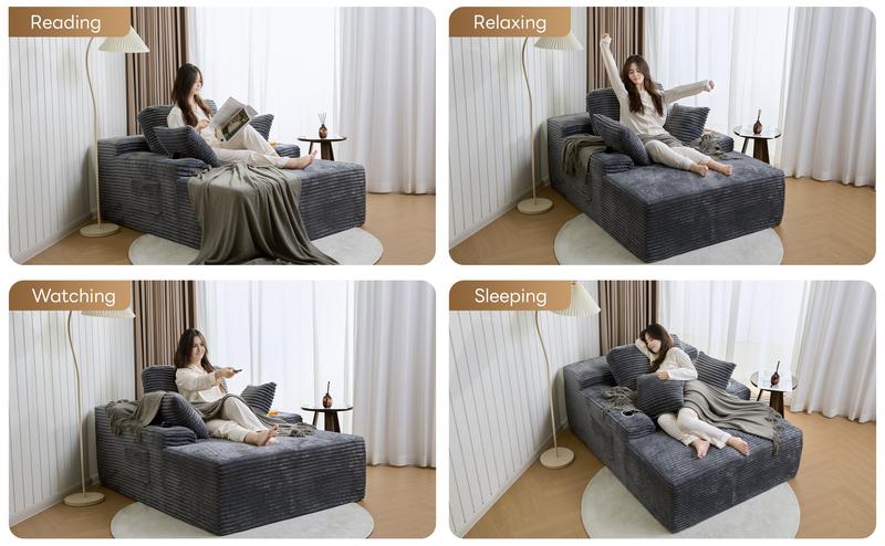 49" Oversized Chaise Lounge Sofa Bed with 2 Cup Holders & Storage Pocket - Plush Corduroy Upholstered, No Assembly Cloud Couch for Living Room, Bedroom, or Reading Nook