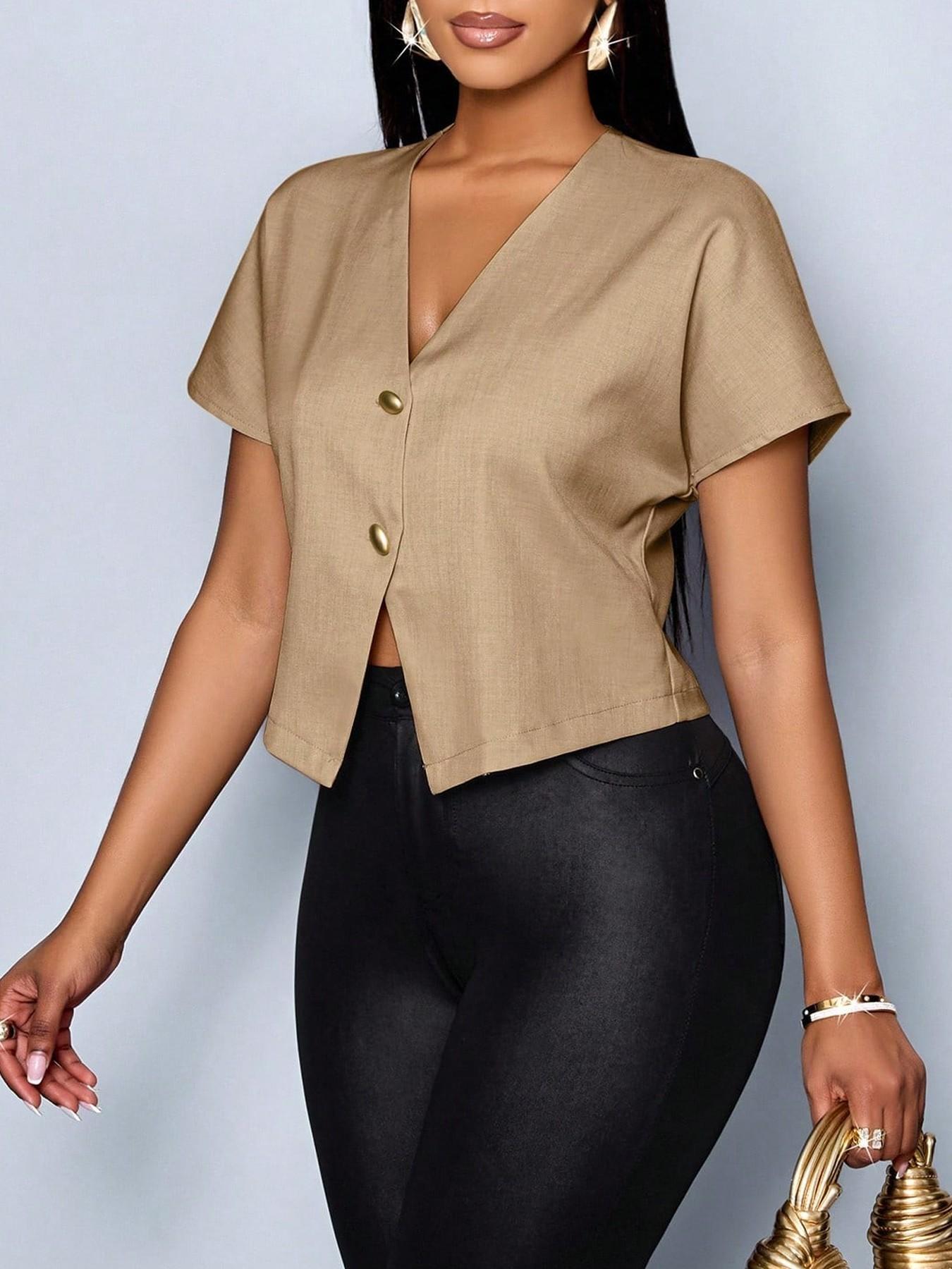 1 piece Women's Solid Color V-neck Short-sleeved Blouse Shirt Top, suitable for commuting, stylish and elegant.