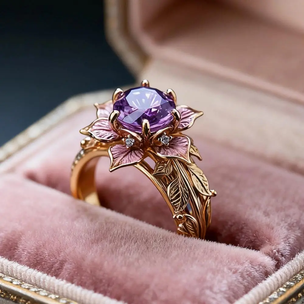 Exquisite Pretty Purple Flower Ring with Sparkling Synthetic Synthetic Zirconia Perfect for Weddings, Engagements, Anniversaries, Valentine's Day, Thanksgiving, New Year's Day Jewelry Gifts