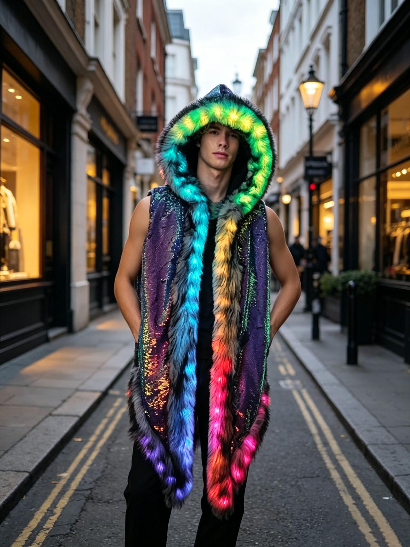Men's LED Glowing Fake Fur Hooded Vest, Long Sleeveless Jacket, Trendy Party, Versatile Streetwear, Winter Fashion