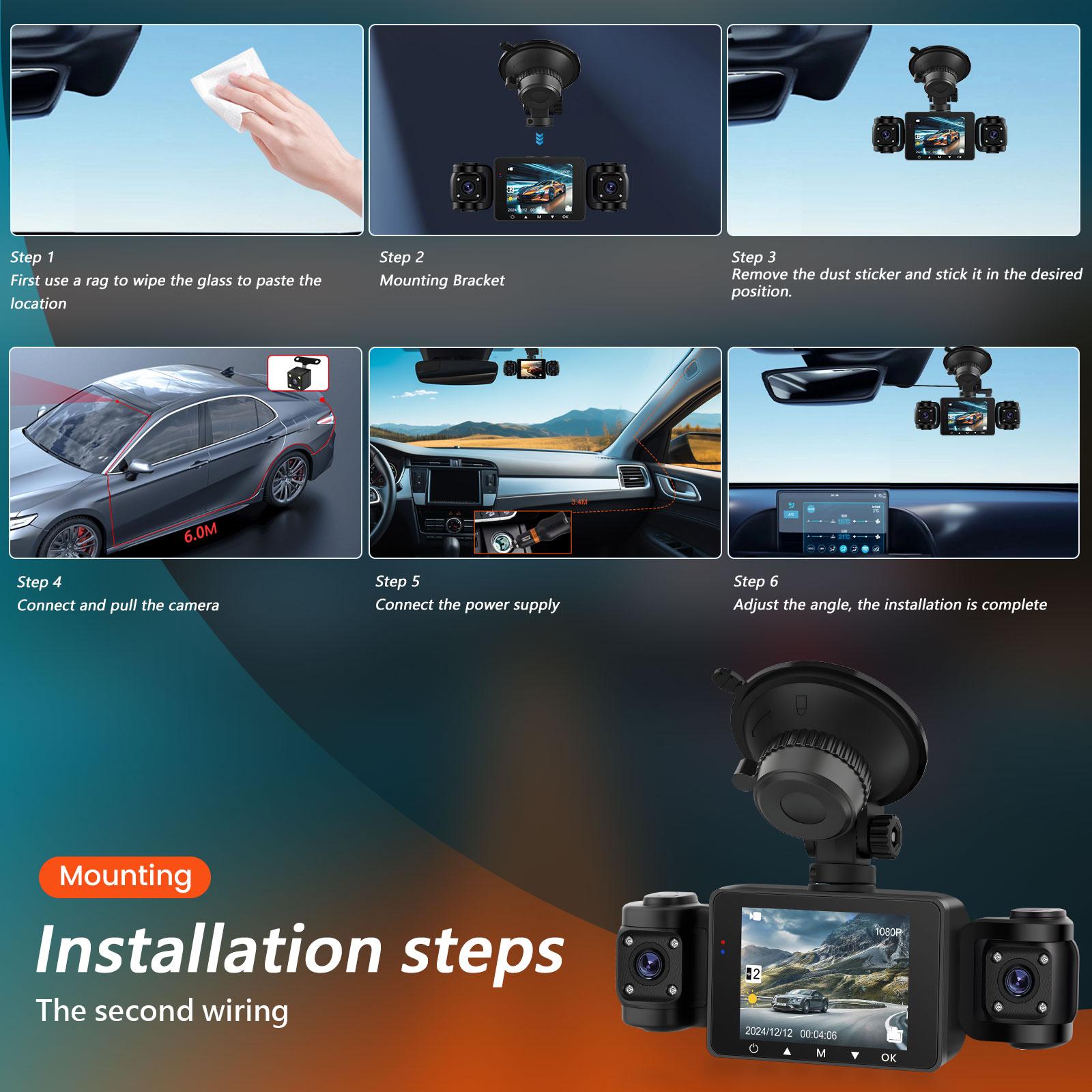 4 Channel Dash Cam Front and Rear Inside, 360° Dashcam Inserted 64GB TF Card, Dash Camera for Cars, 2" Screen, Night Vision, G-Sensor, Loop Recording, Driving Recorder, Car Camera DRV